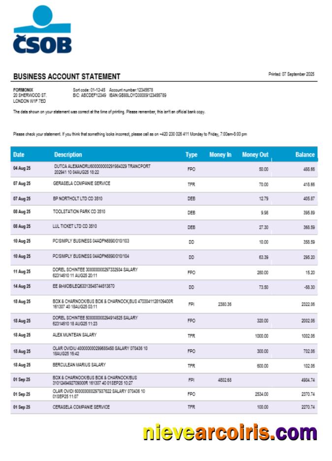 Československá Obchodní Banka business bank company statement